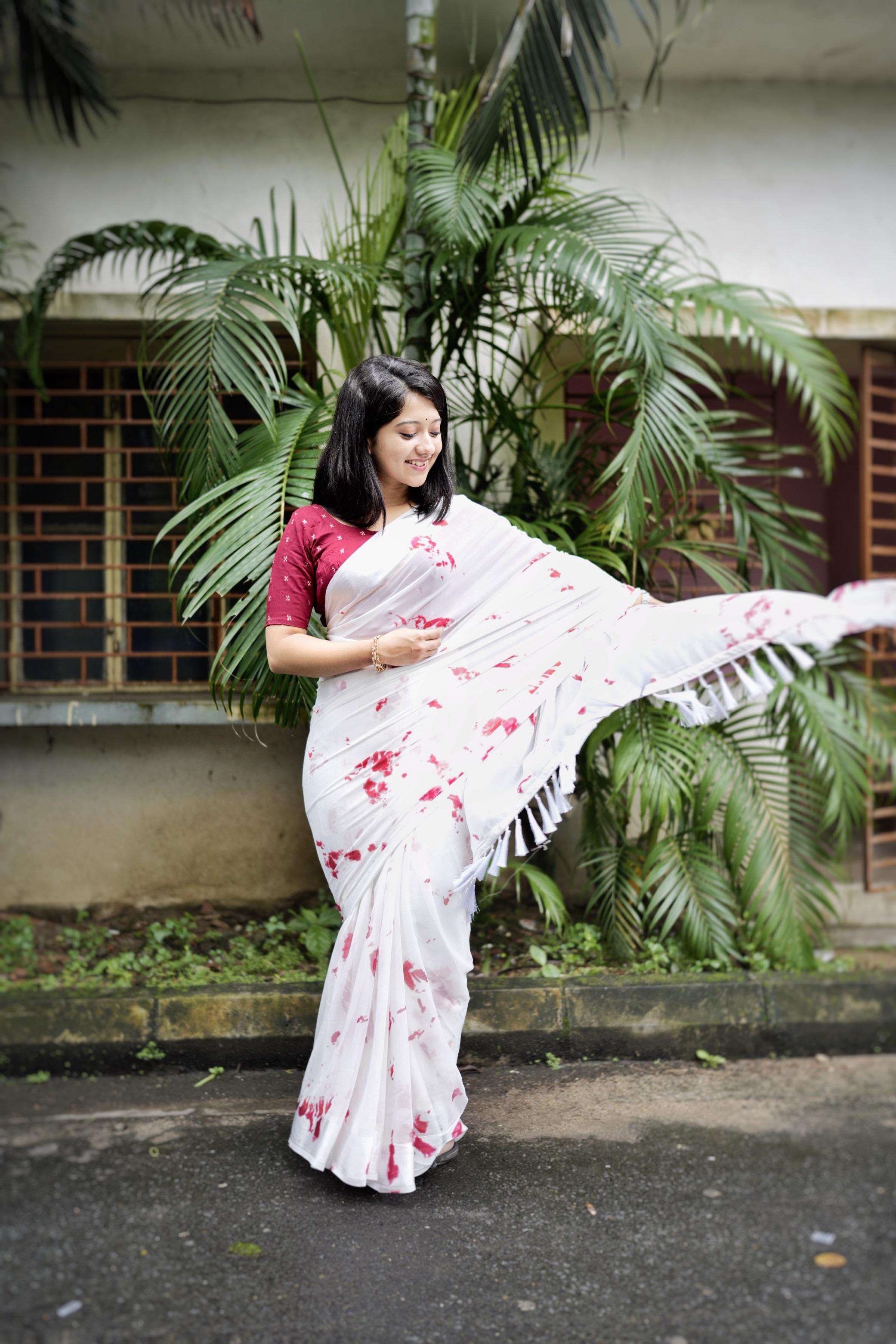 Red Poly Georgette Tie And Dye Saree with Unstitched Blouse - A2M - Distacart