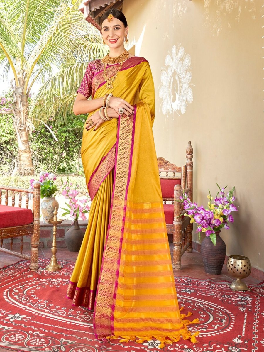 Anouk Yellow & Pink Zari Art Silk Saree - Distacart