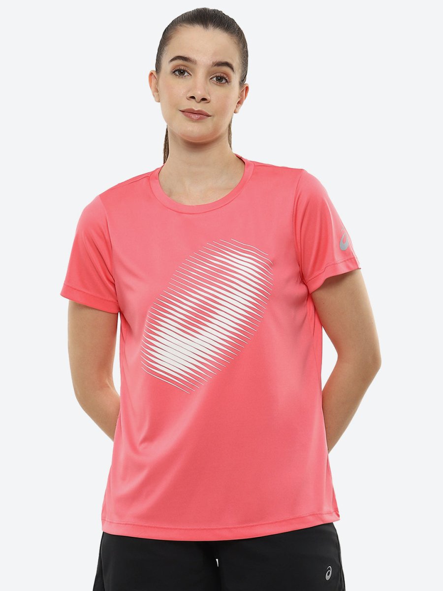 ASICS Women Pink Brand Logo Printed BIG GRAPHIC SS Round Neck Sports Running T-shirt - Distacart