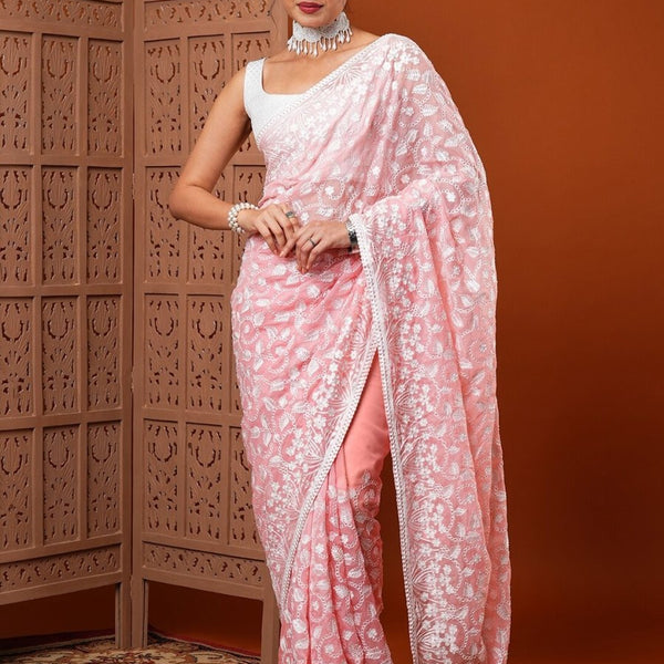 Anouk Pink & White Floral Embroidered Organza Saree - Distacart