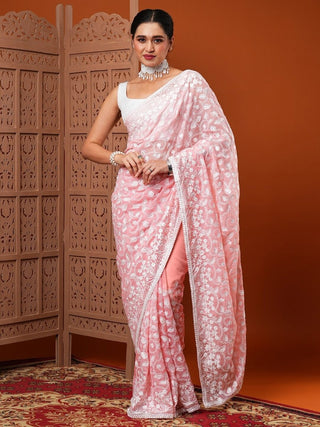 Anouk Pink & White Floral Embroidered Organza Saree - Distacart