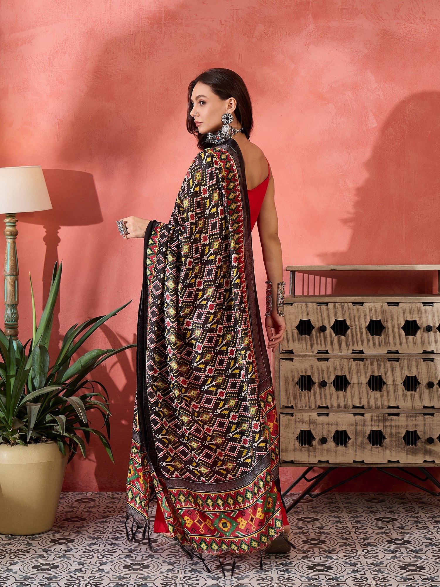 InWeave Red Strappy Kurta Set Black Patola Dupatta