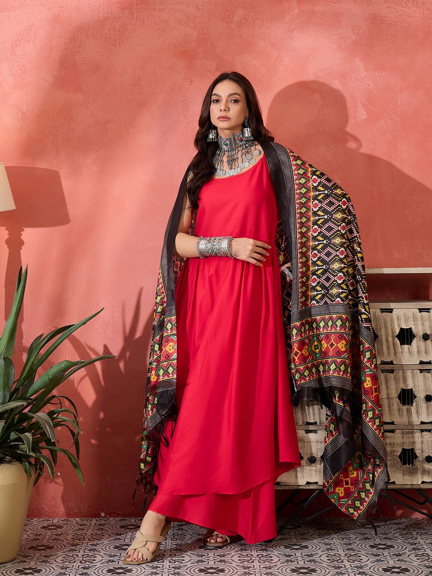 InWeave Red Strappy Kurta Set Black Patola Dupatta