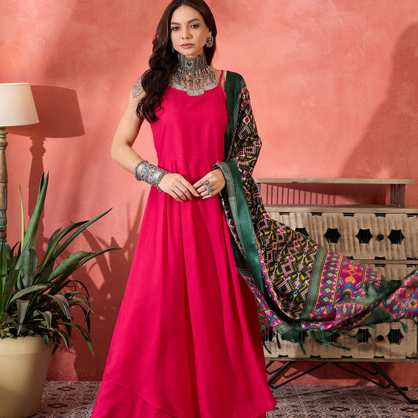 InWeave Fuchsia Strappy Kurta Set Green Patola Dupatta - Distacart