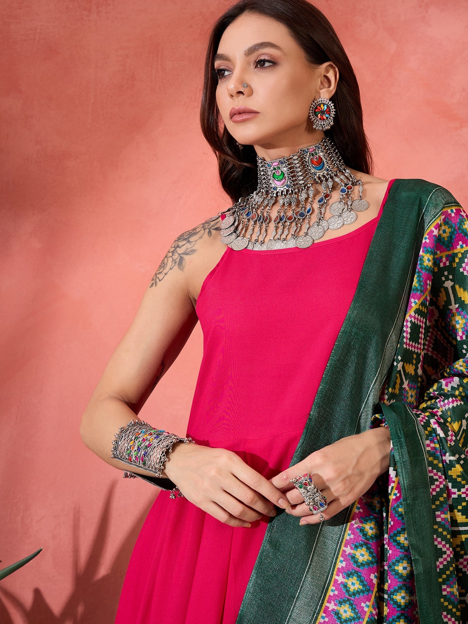 InWeave Fuchsia Strappy Kurta Set Green Patola Dupatta