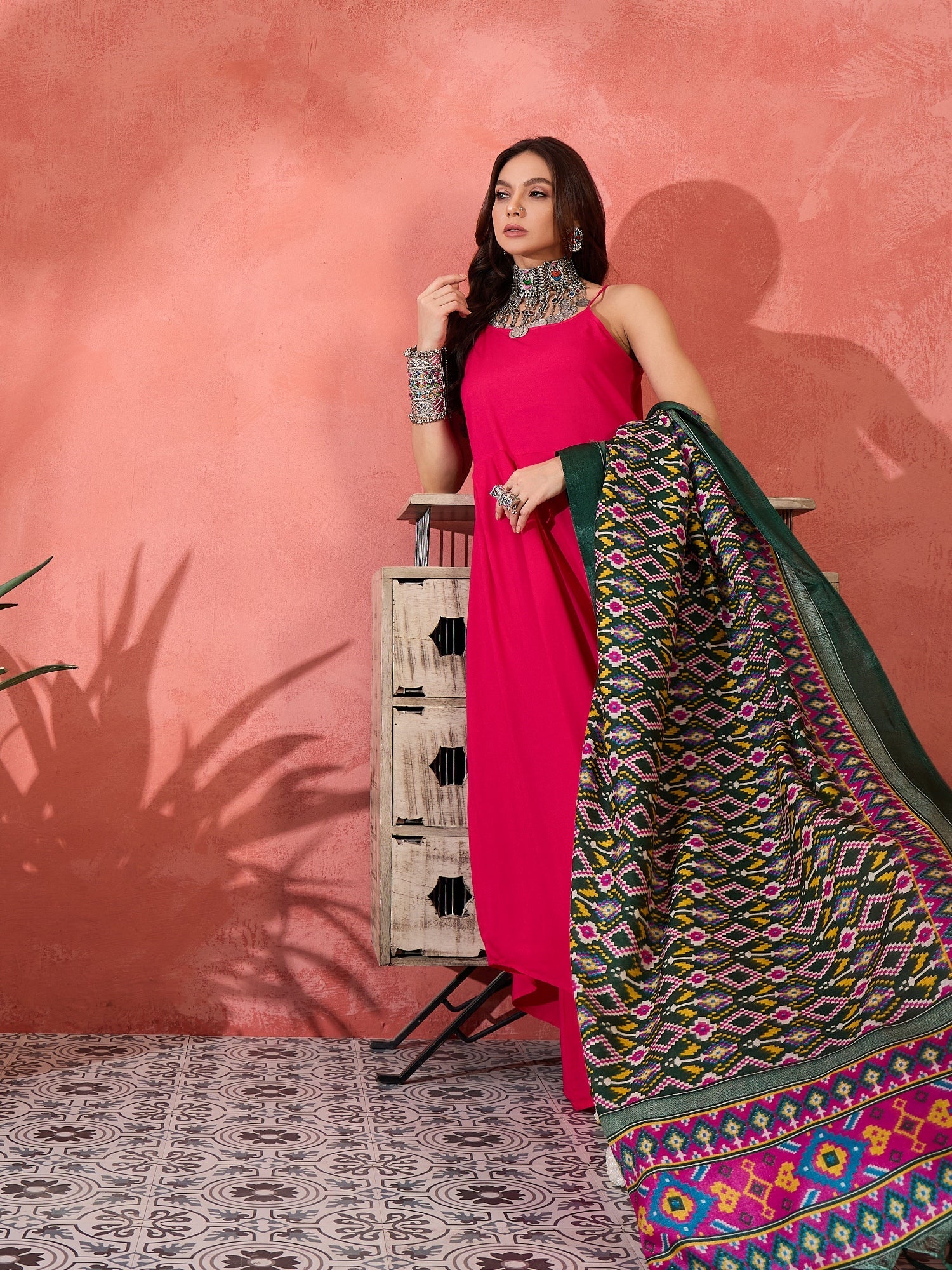 InWeave Fuchsia Strappy Kurta Set Green Patola Dupatta