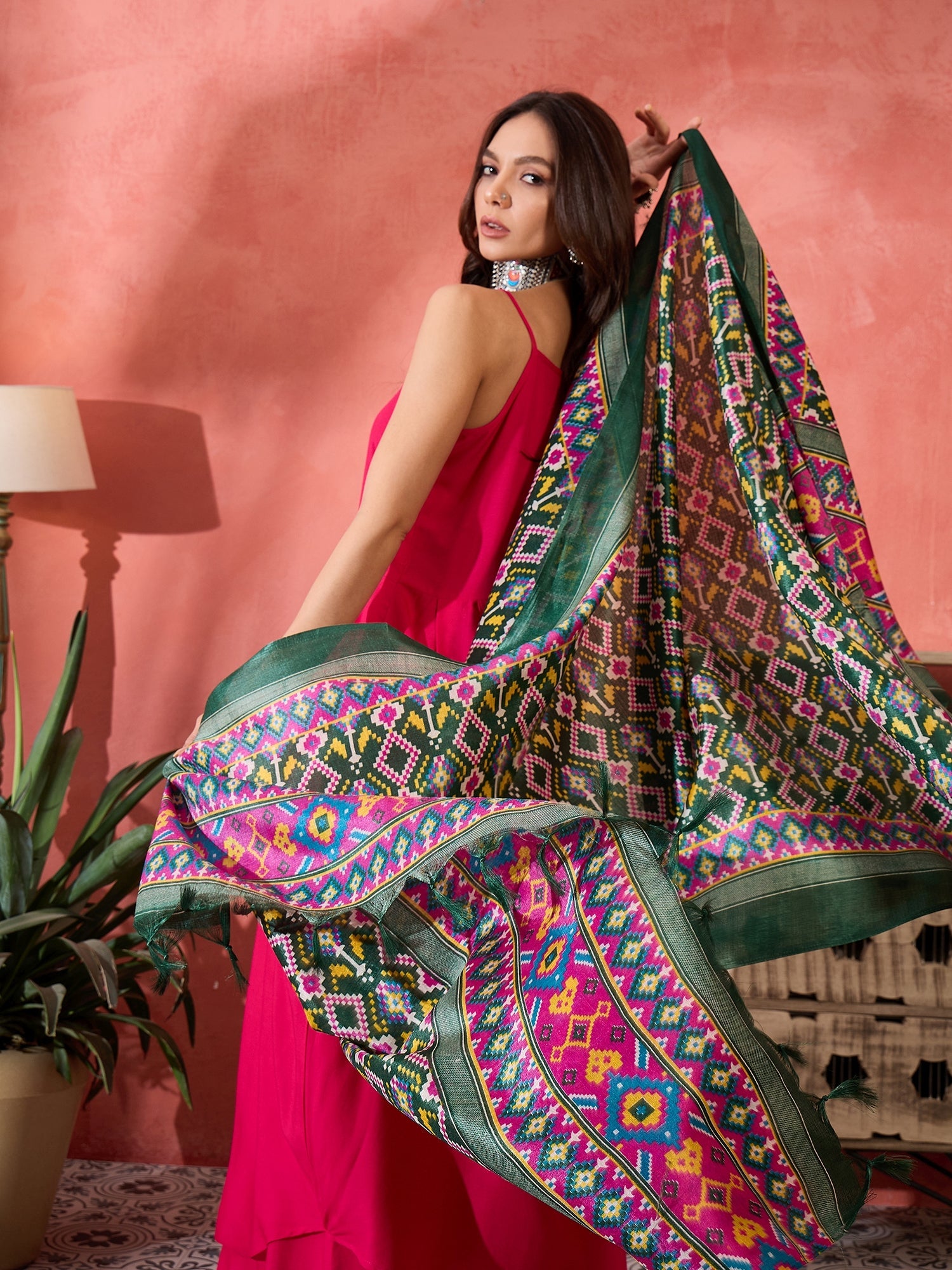 InWeave Fuchsia Strappy Kurta Set Green Patola Dupatta