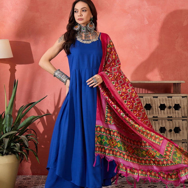 InWeave Ink Blue Strappy Kurta Set Pink Patola Dupatta - Distacart