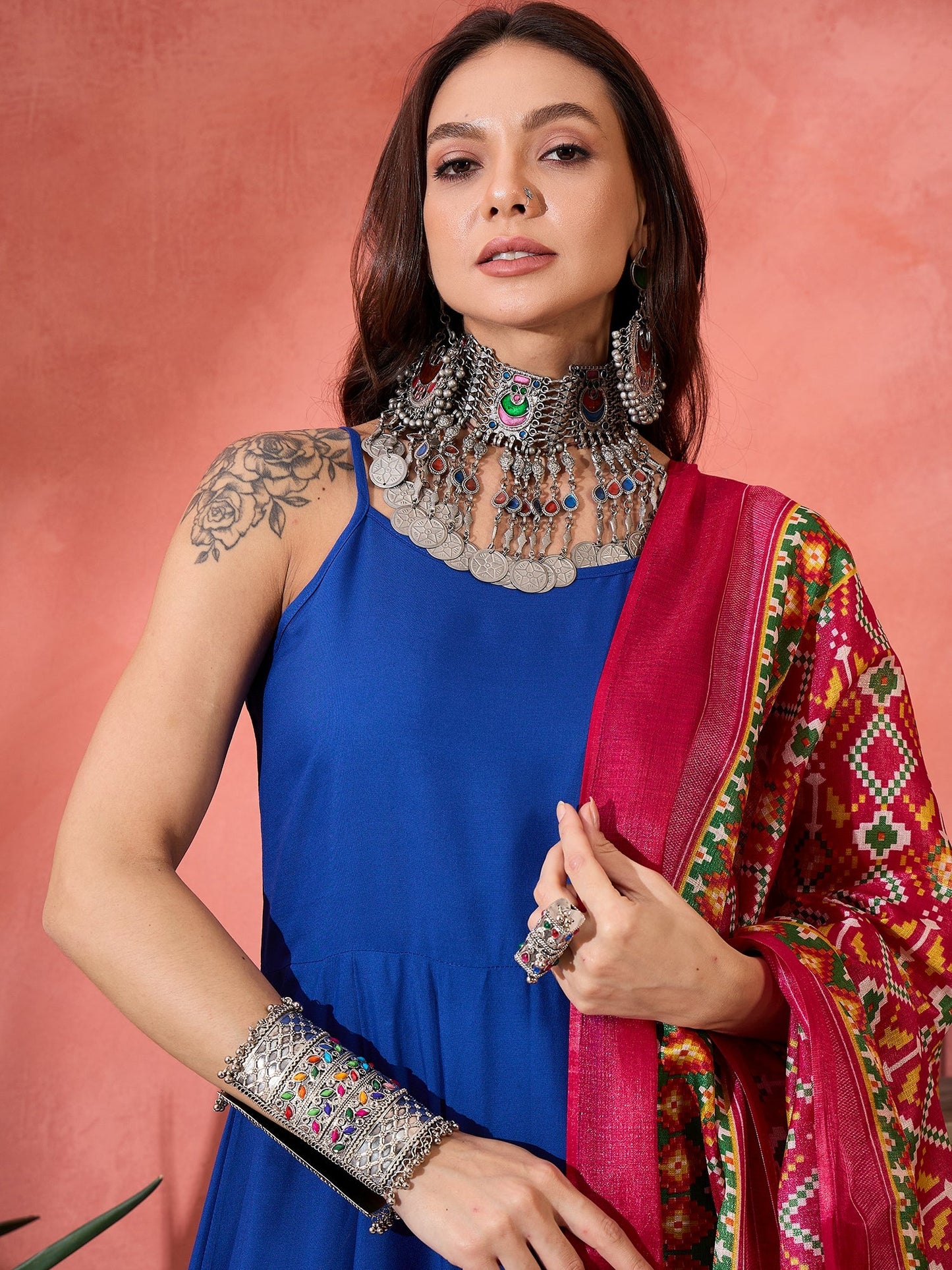 InWeave Ink Blue Strappy Kurta Set Pink Patola Dupatta - Distacart