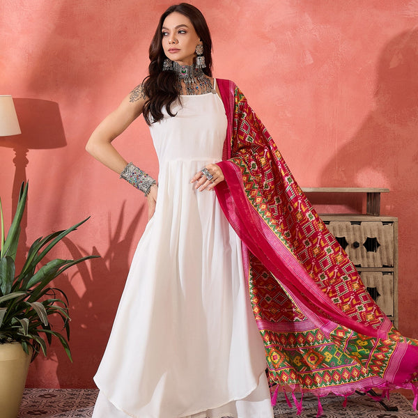 InWeave White Strappy Kurta Set Pink Patola Dupatta - Distacart