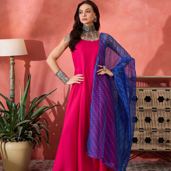 InWeave Fuchsia Strappy Kurta Set Blue Bandhani Or Dupatta - Distacart