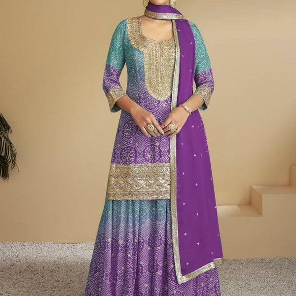 Anaita Purple Digital print with Embroidered Silk Stitched Plazo Suit - Distacart
