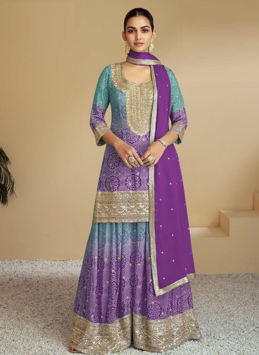 Anaita Purple Digital print with Embroidered Silk Stitched Plazo Suit