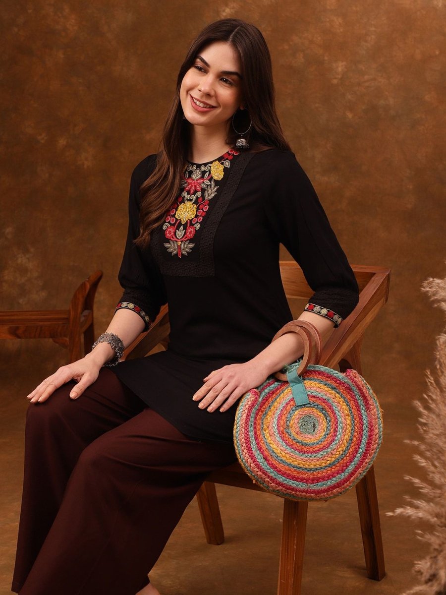 Anouk Floral Yoke Design Thread Work Straight Kurta - Distacart