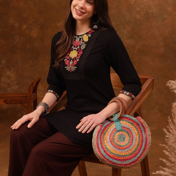 Anouk Floral Yoke Design Thread Work Straight Kurta - Distacart