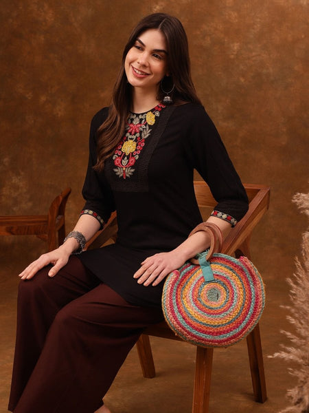 Anouk Floral Yoke Design Thread Work Straight Kurta