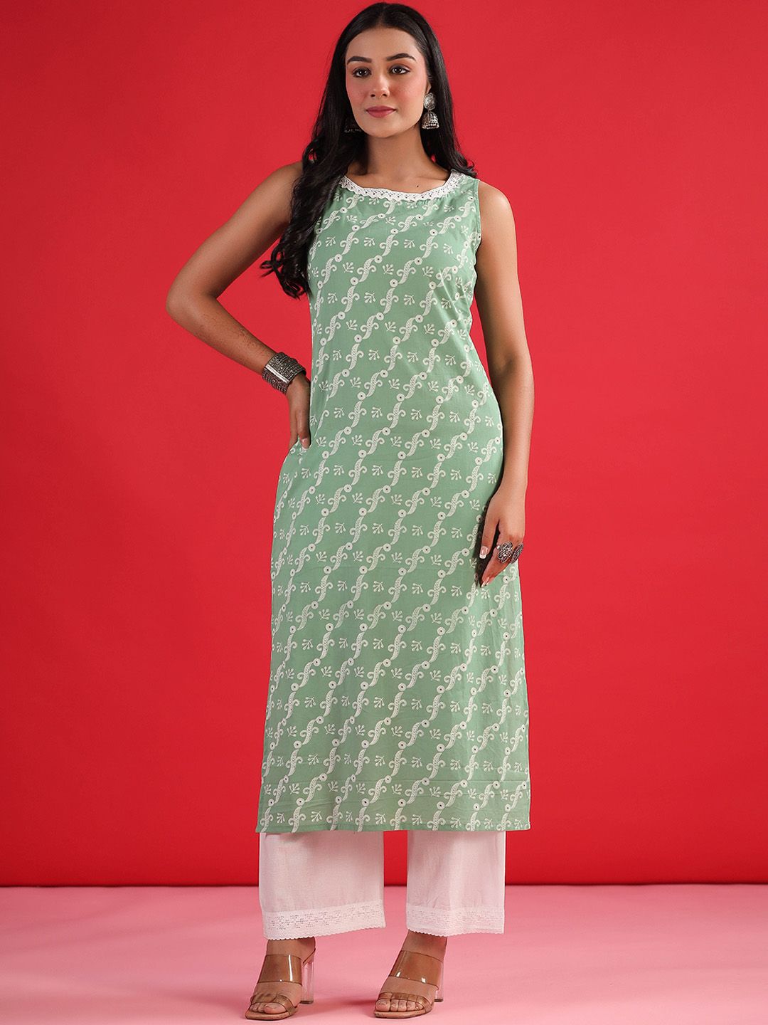 Indo Era Geometric Printed Round Neck Sleeveless Gotta Patti Cotton Straight Kurta