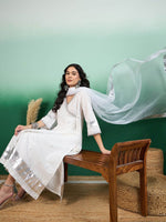 Thumbnail for Sangria White Ethnic Motifs Printed Angrakha Kurta With Trouser & Dupatta - Distacart