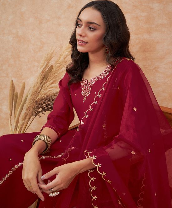 Sangria Maroon Floral Embroidered Straight Kurta With Trousers & Dupatta - Distacart