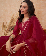 Thumbnail for Sangria Maroon Floral Embroidered Straight Kurta With Trousers & Dupatta