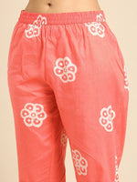 Thumbnail for Anouk Coral Pink & White Ethnic Print Mirror Work Cotton Straight Kurta Trousers Dupatta - Distacart