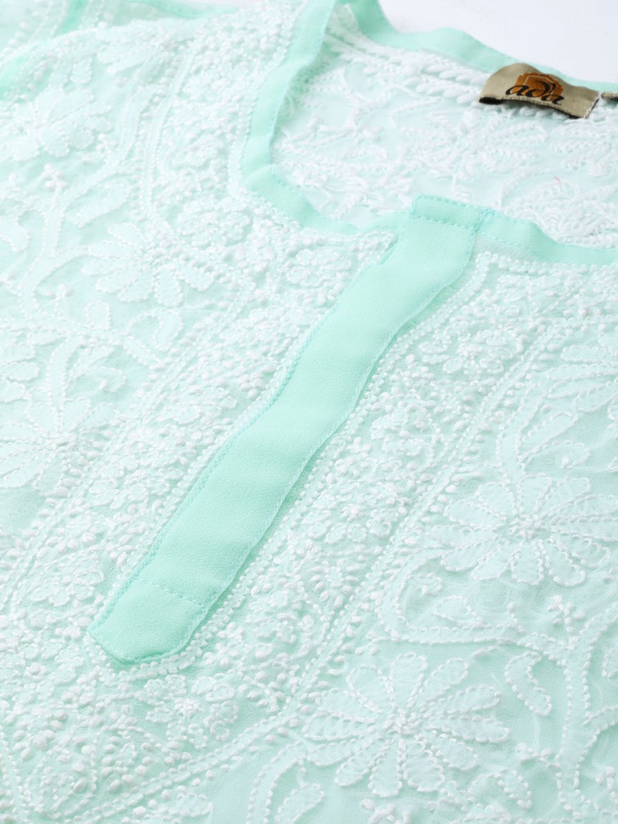 ADA Women Sea Green & White Chikankari Hand Embroidered Straight Sustainable Handloom Kurta - Distacart