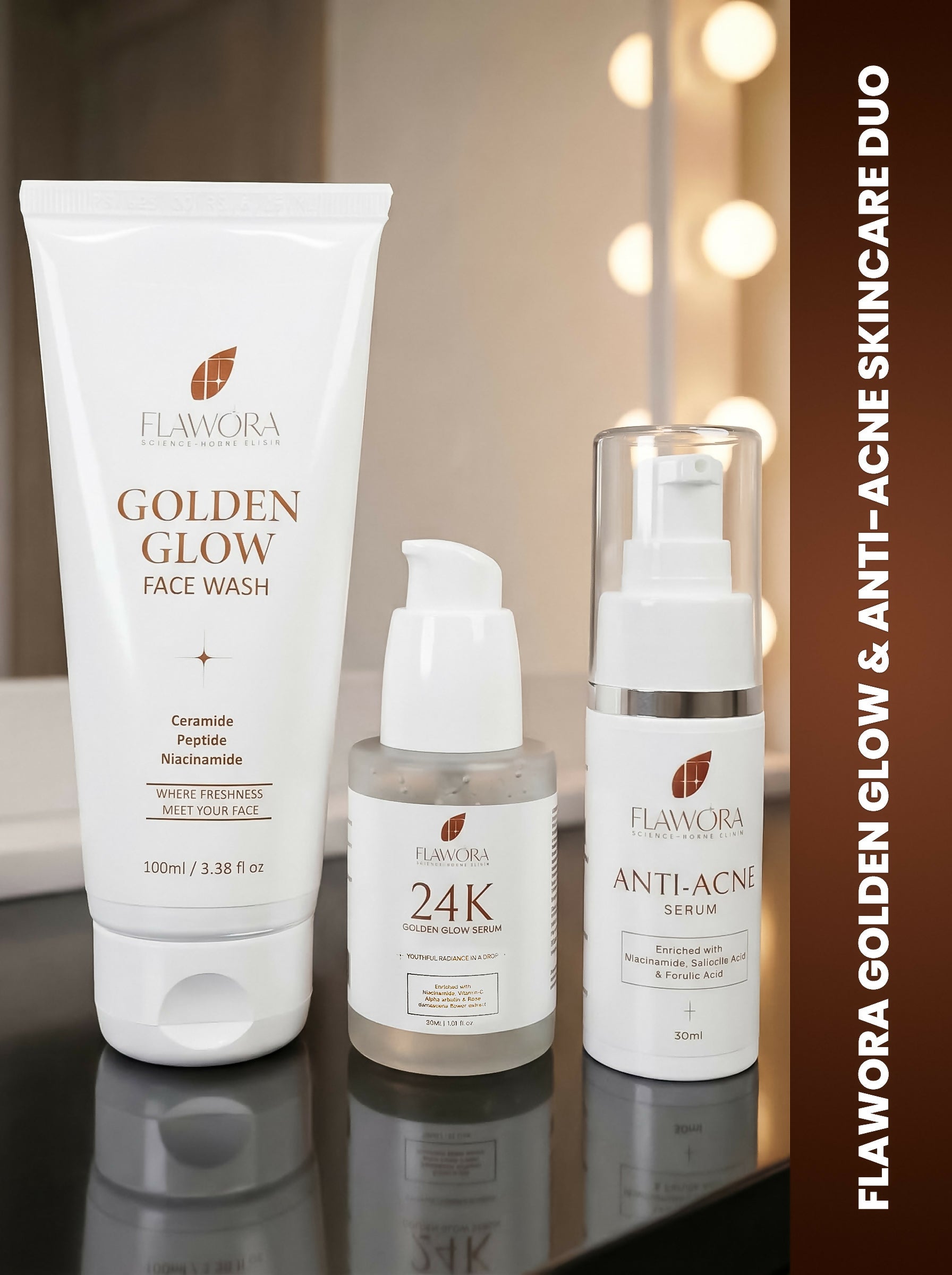 Flawora Set of Golden Glow Face Wash, Anti Acne Serum and 24k Golden Glow Face Serum - Dista