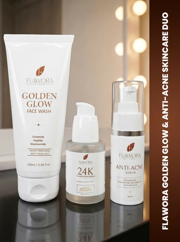 Flawora Set of Golden Glow Face Wash, Anti Acne Serum and 24k Golden Glow Face Serum - Dista