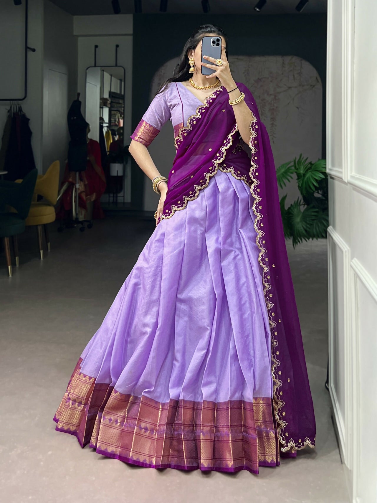 Lorenvalley Fashion Lavender Cotton Silk Zari Weaving Work Lehenga Choli with Dupatta - Dista