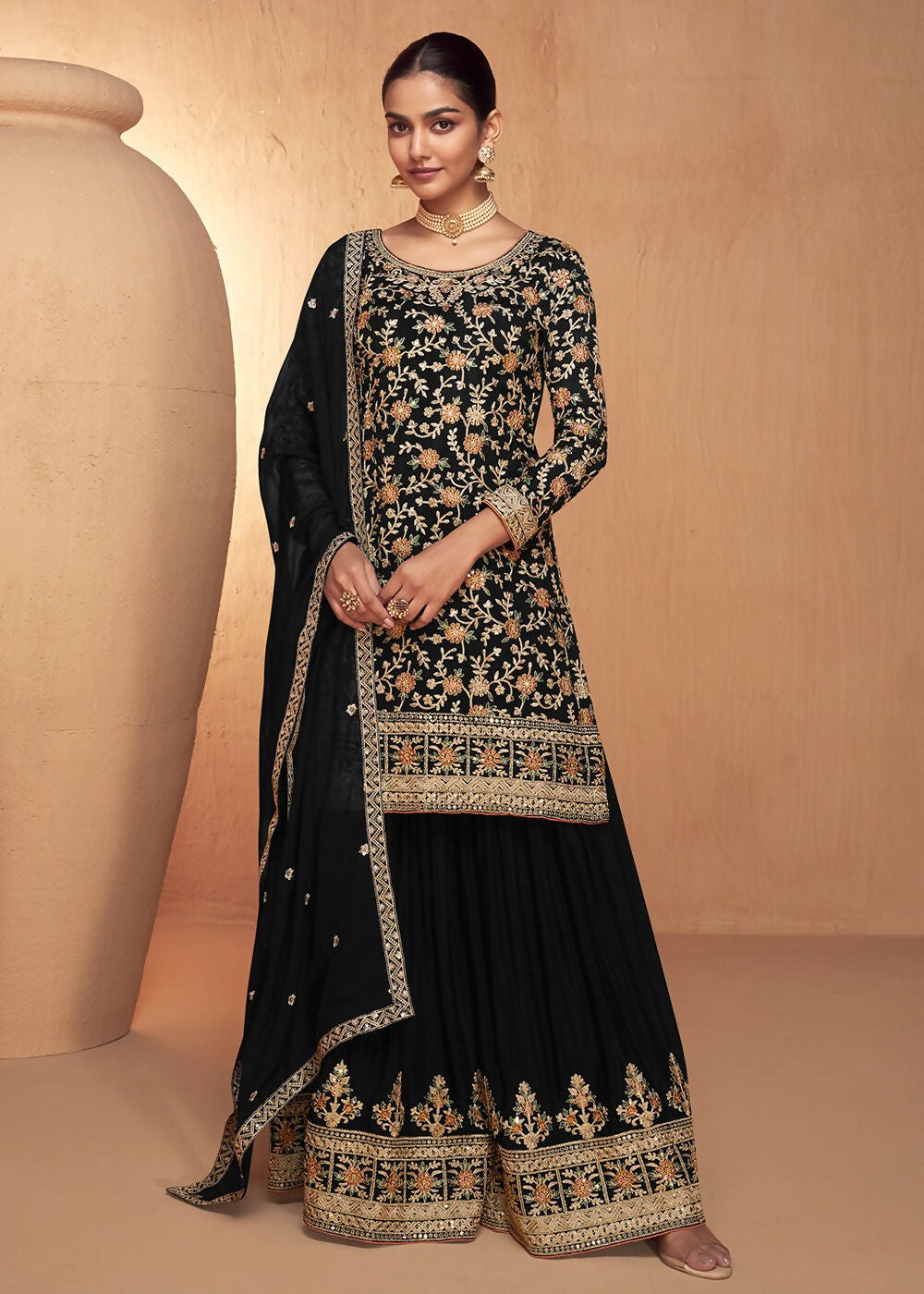 Black Real Chinnon Embroidered Wedding Festive Palazzo Suit - Emponline - Distacart