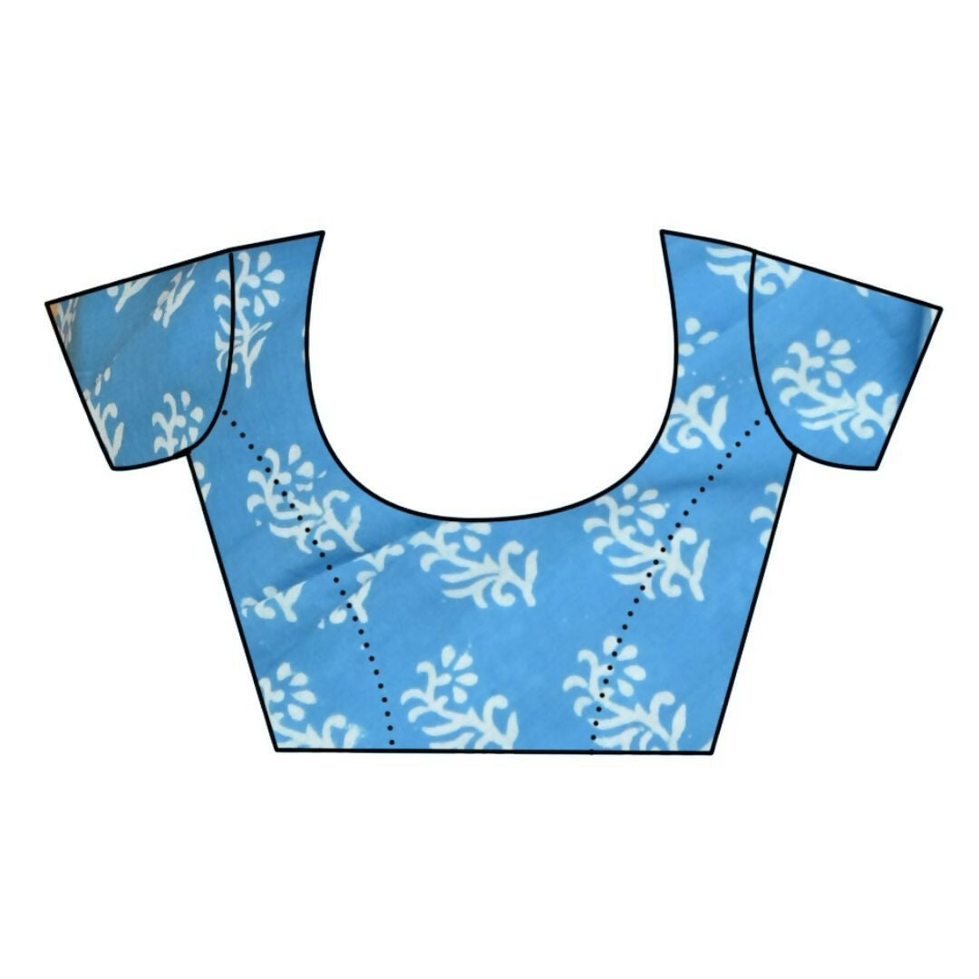 Very Much Indian Handblock Printed Cotton Saree With Natural Dyes - Sky Blue - Distacart