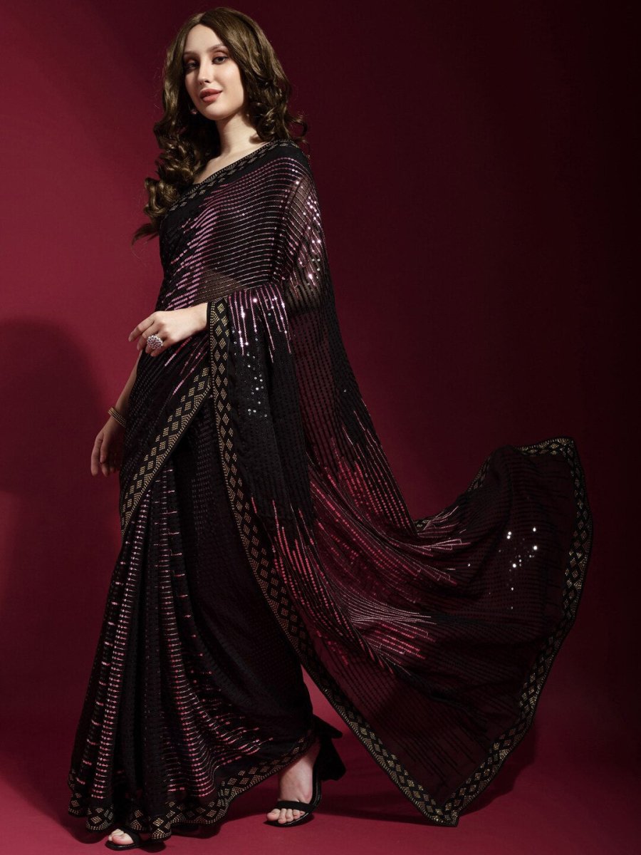 Anouk Black & Pink Embellished Sequinned Pure Georgette Saree - Distacart