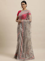 Thumbnail for kasee Grey & Fuchsia Floral Embroidered Net Heavy Work Saree - Distacart