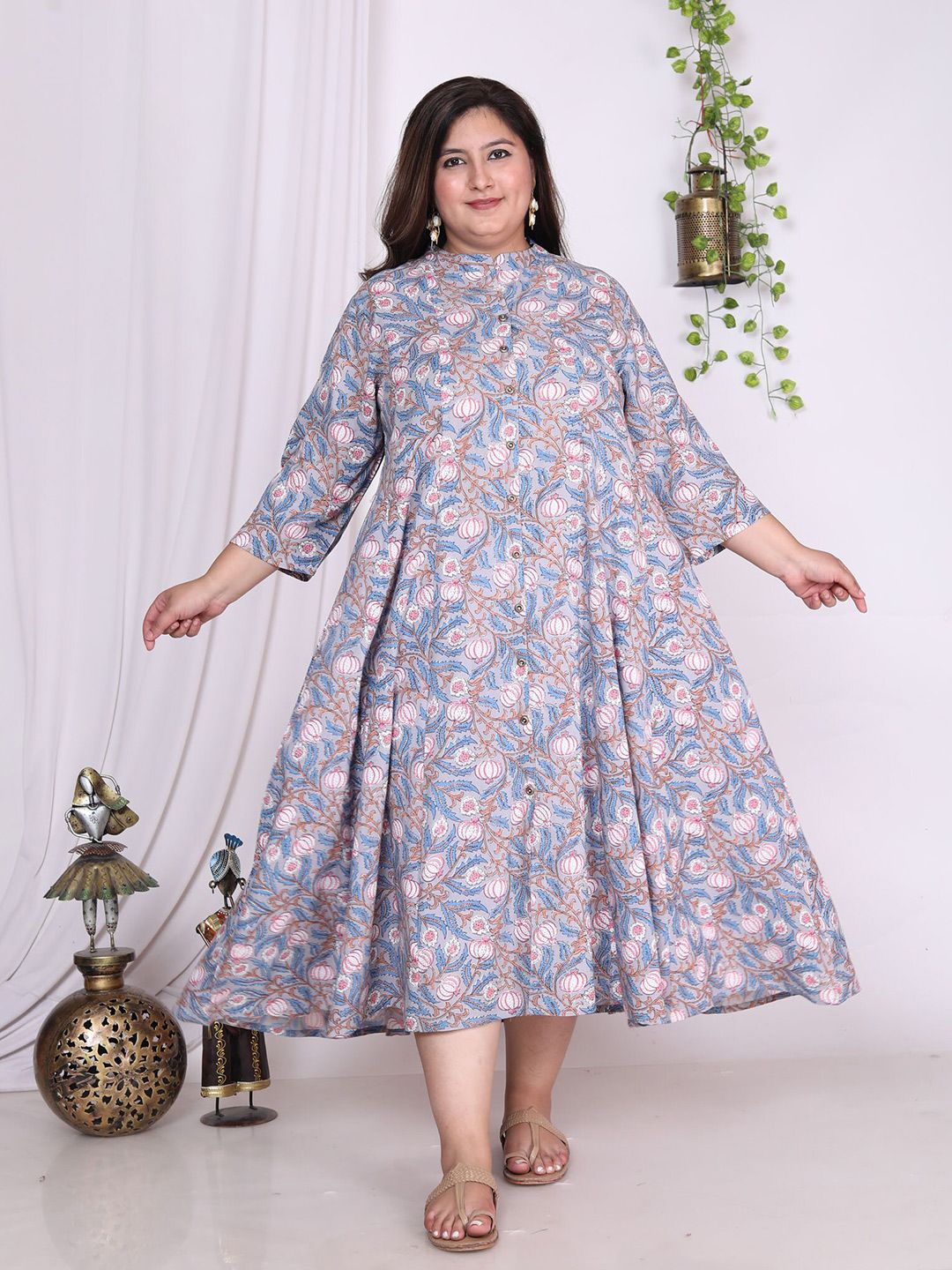 Swasti Plus Size Floral Printed Mandarin Collar Cotton A-Line Midi Ethnic Dress