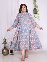 Thumbnail for Swasti Plus Size Floral Printed Mandarin Collar Cotton A-Line Midi Ethnic Dress