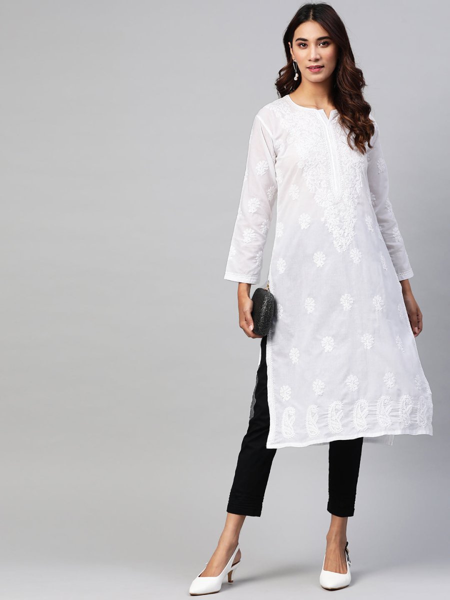 ADA Women White & Black Chikankari Embroidered Sustainable Handloom Kurta with Trousers - Distacart