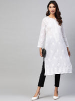 Thumbnail for ADA Women White & Black Chikankari Embroidered Sustainable Handloom Kurta with Trousers - Distacart