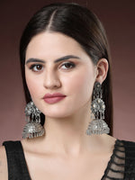 Thumbnail for NVR Women's Silver Plated Mirror Work Oxidised Contemporary Jhumka Earrings - Distacart