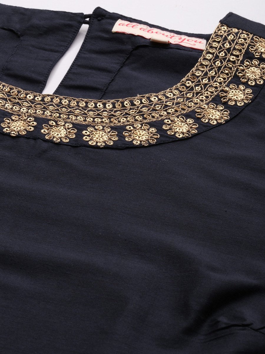 All About You Women Navy Blue & Golden Satin Finish Kurta with Trousers & With Dupatta - Distacart