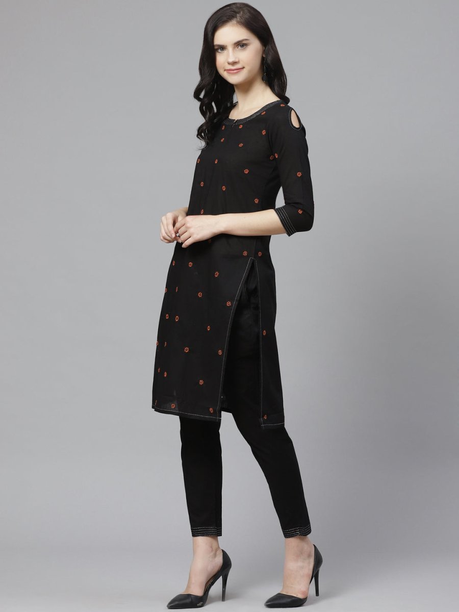 ADA Women Black & Rust Orange Chikankari Embroidered Sustainable Handloom Kurta with Trousers - Distacart