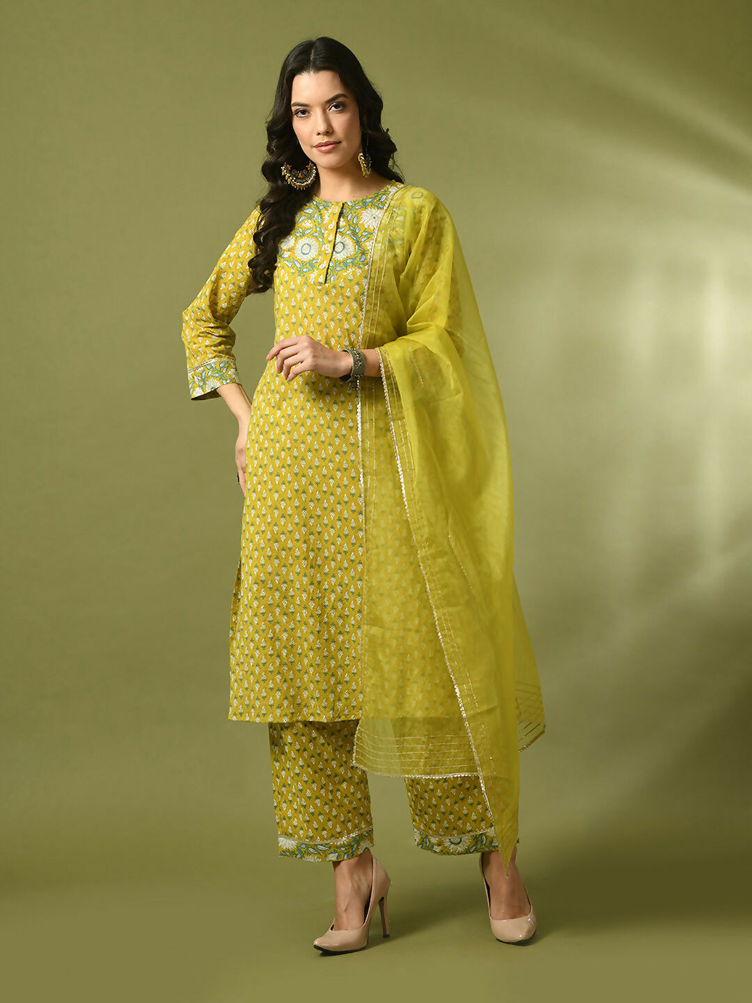 Myshka Women's Yellow Printed Cotton Straight Party Kurta Set With Dupatta - Distacart