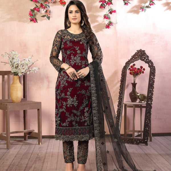 Anaita Maroon Embroidered Net Salwar Suit - Distacart