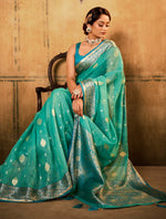 Thumbnail for Anaita Turquoise Soft Tussar Silk With Kalamkari Weaving Saree With Blouse - Distacart