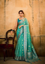 Thumbnail for Anaita Turquoise Soft Tussar Silk With Kalamkari Weaving Saree With Blouse - Distacart