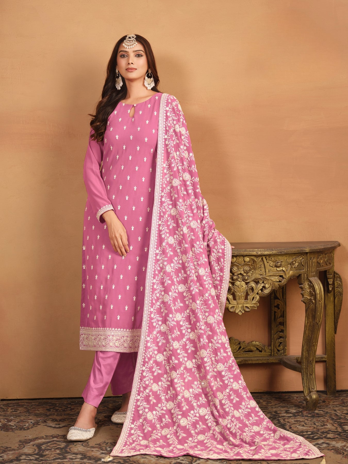 Anaita Pink Embroidered Faux Georgette Salwar Suit - Distacart