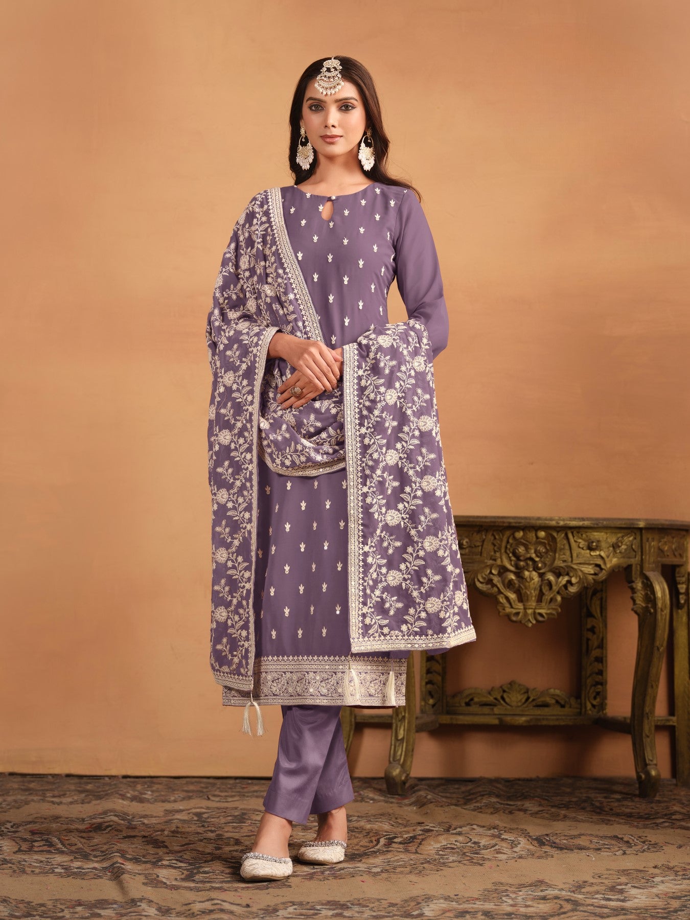 Anaita Lavender Embroidered Faux Georgette Salwar Suit - Distacart