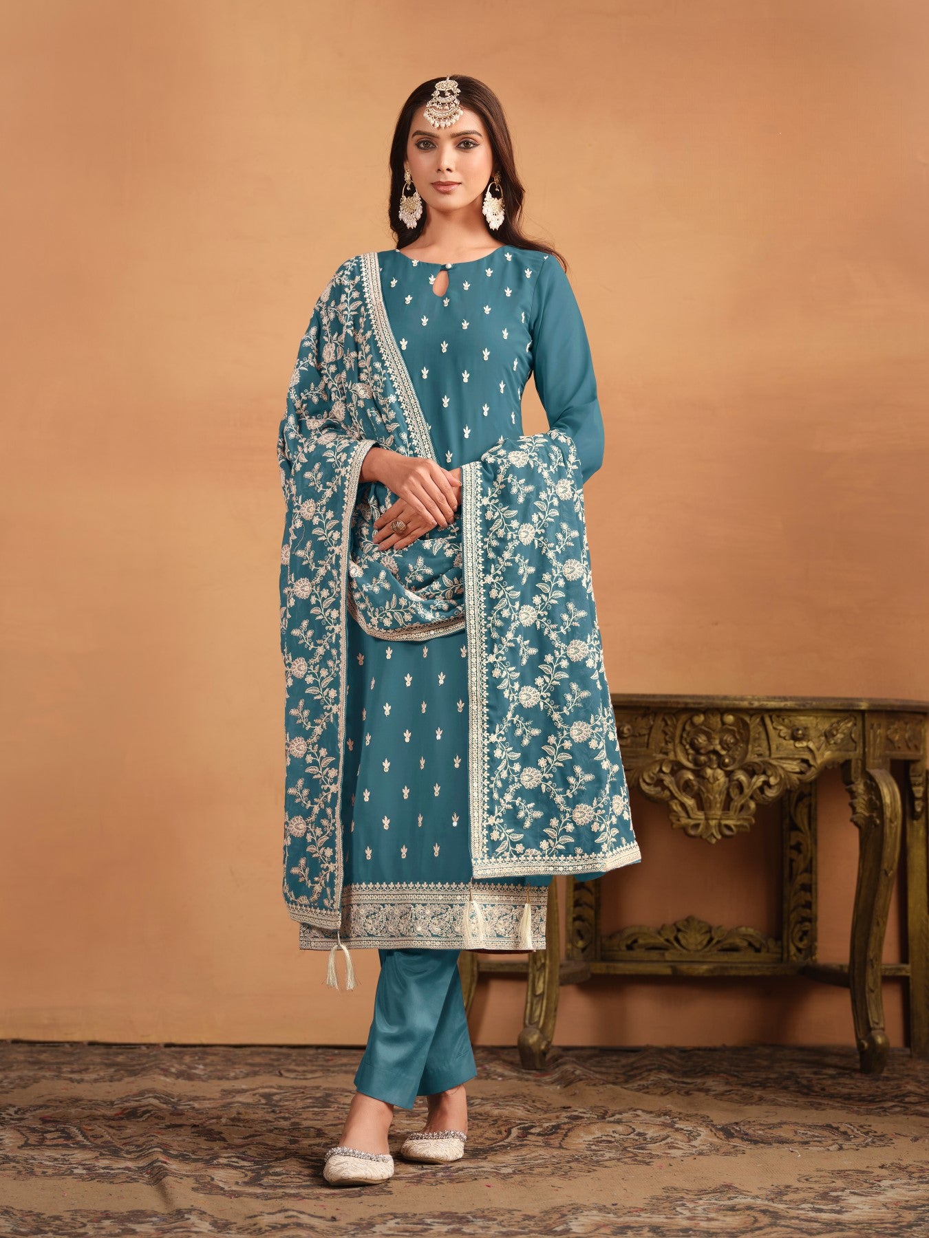 Anaita Teal Embroidered Faux Georgette Salwar Suit - Distacart