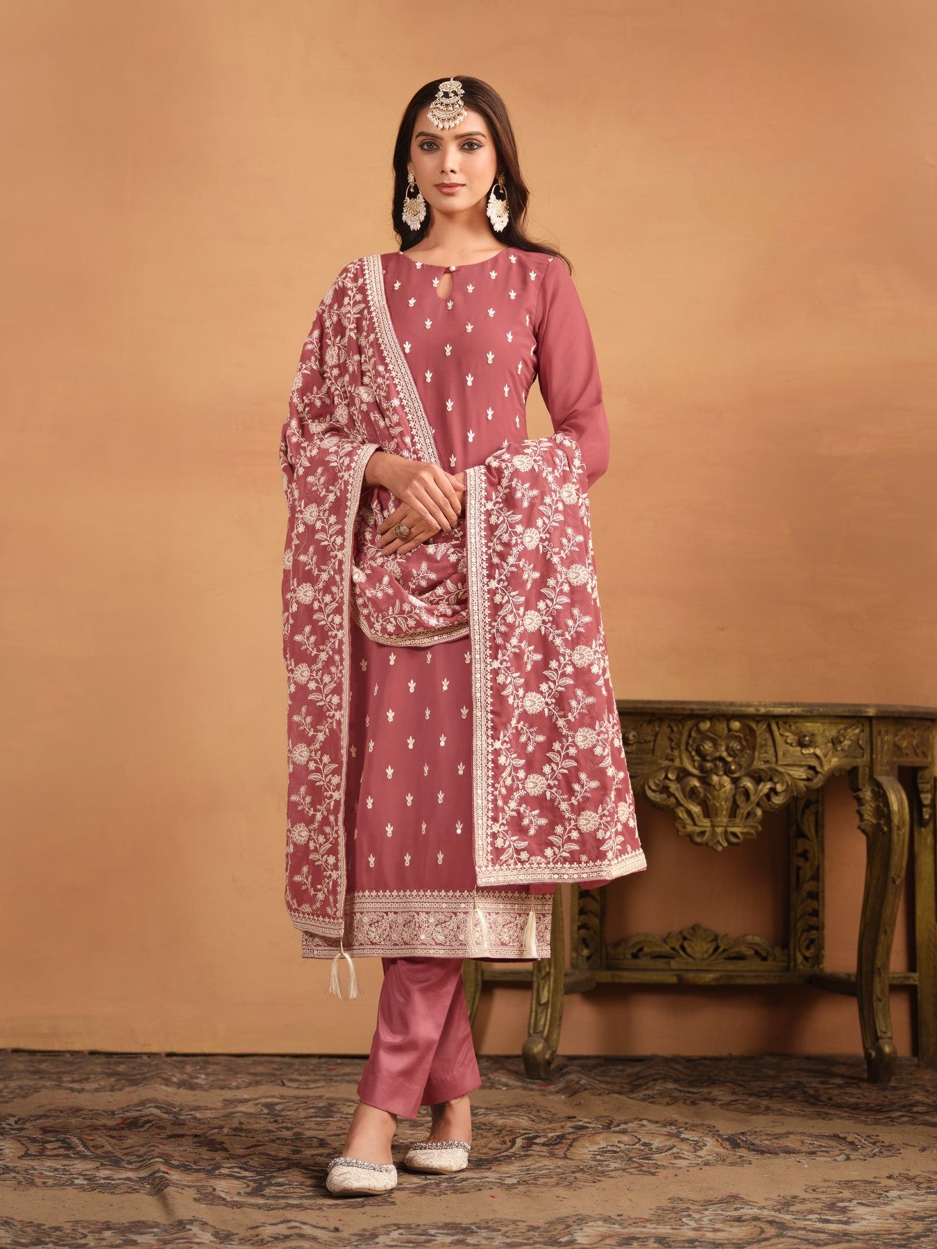Anaita Brown Embroidered Faux Georgette Salwar Suit - Distacart