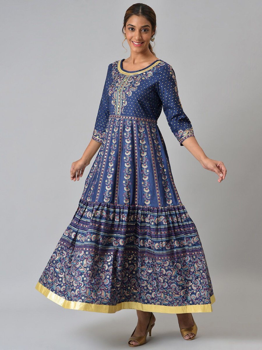 AURELIA Navy Blue Ethnic Motifs Ethnic Maxi Dress - Distacart