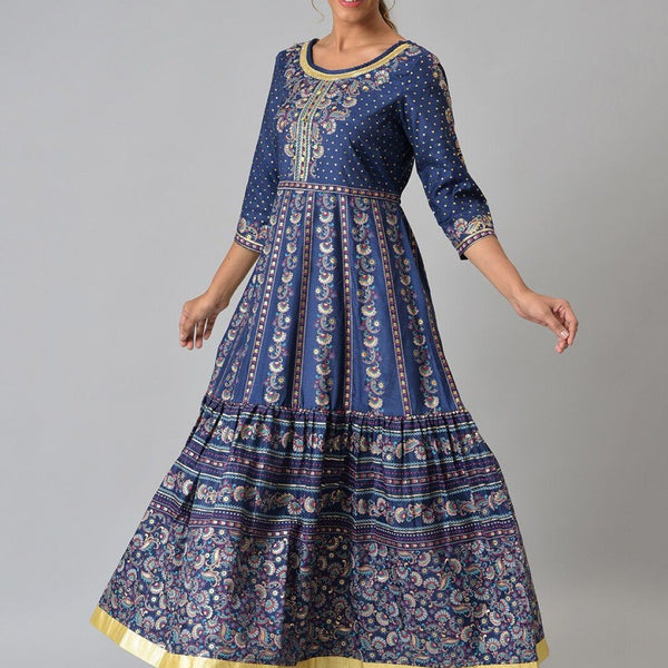 AURELIA Navy Blue Ethnic Motifs Ethnic Maxi Dress - Distacart
